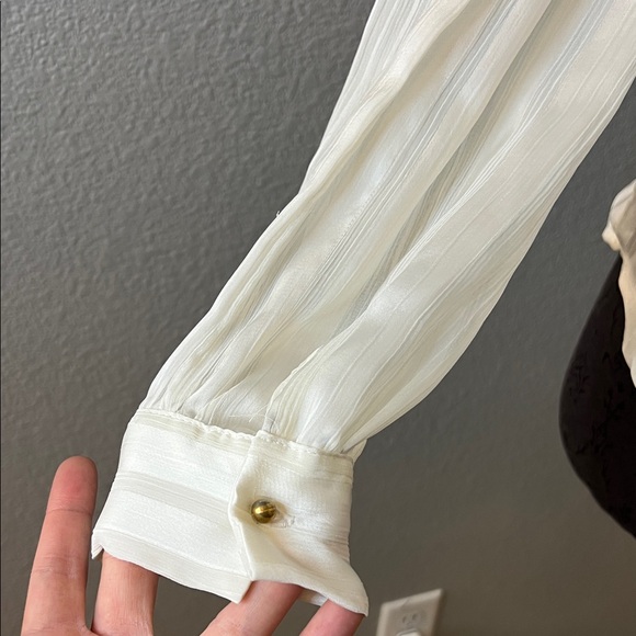 Elegant White Striped Button Up Blouse Sheer Flawed - Picture 3 of 7